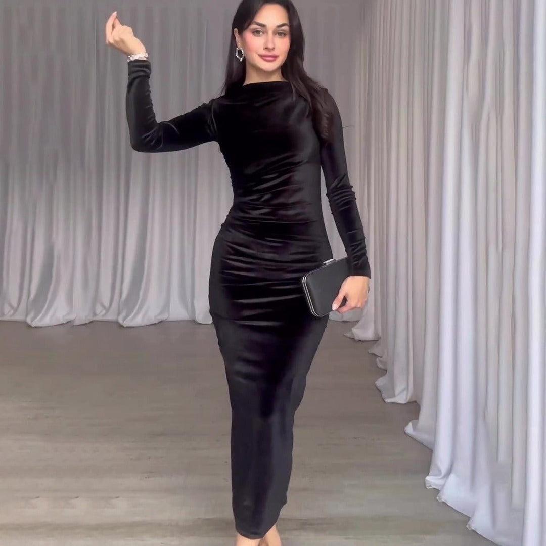 Malvina Women Velvet Ruched Long Sleeve Bodycon Dress
