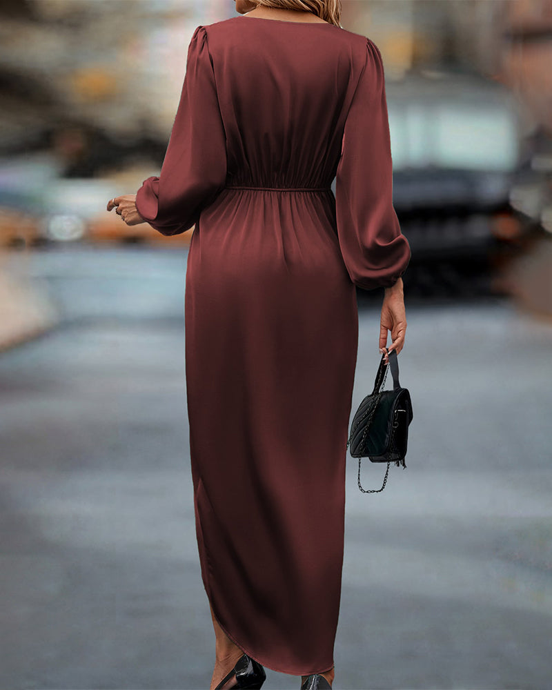 Dianne Women Long Balloon Sleeve V Neck Midi Dress