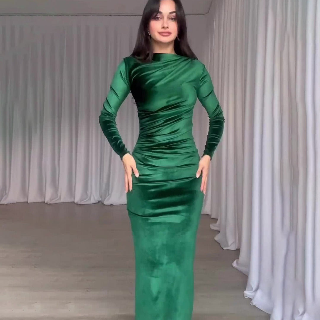 Malvina Women Velvet Ruched Long Sleeve Bodycon Dress
