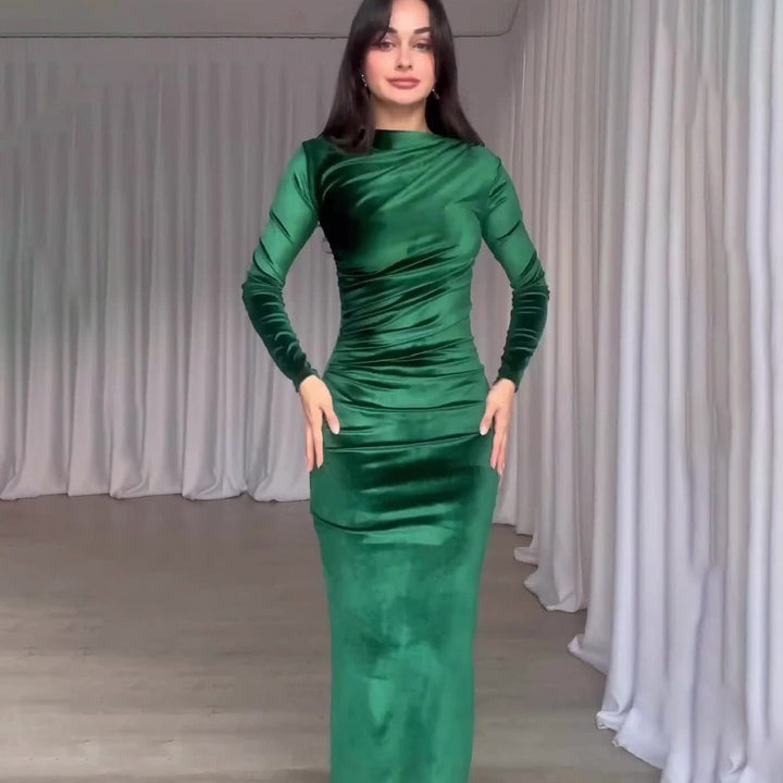 Malvina Women Velvet Ruched Long Sleeve Bodycon Dress