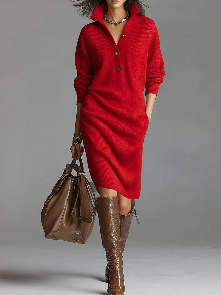 Pascale | Women Collar Button Midi Sweater Dress