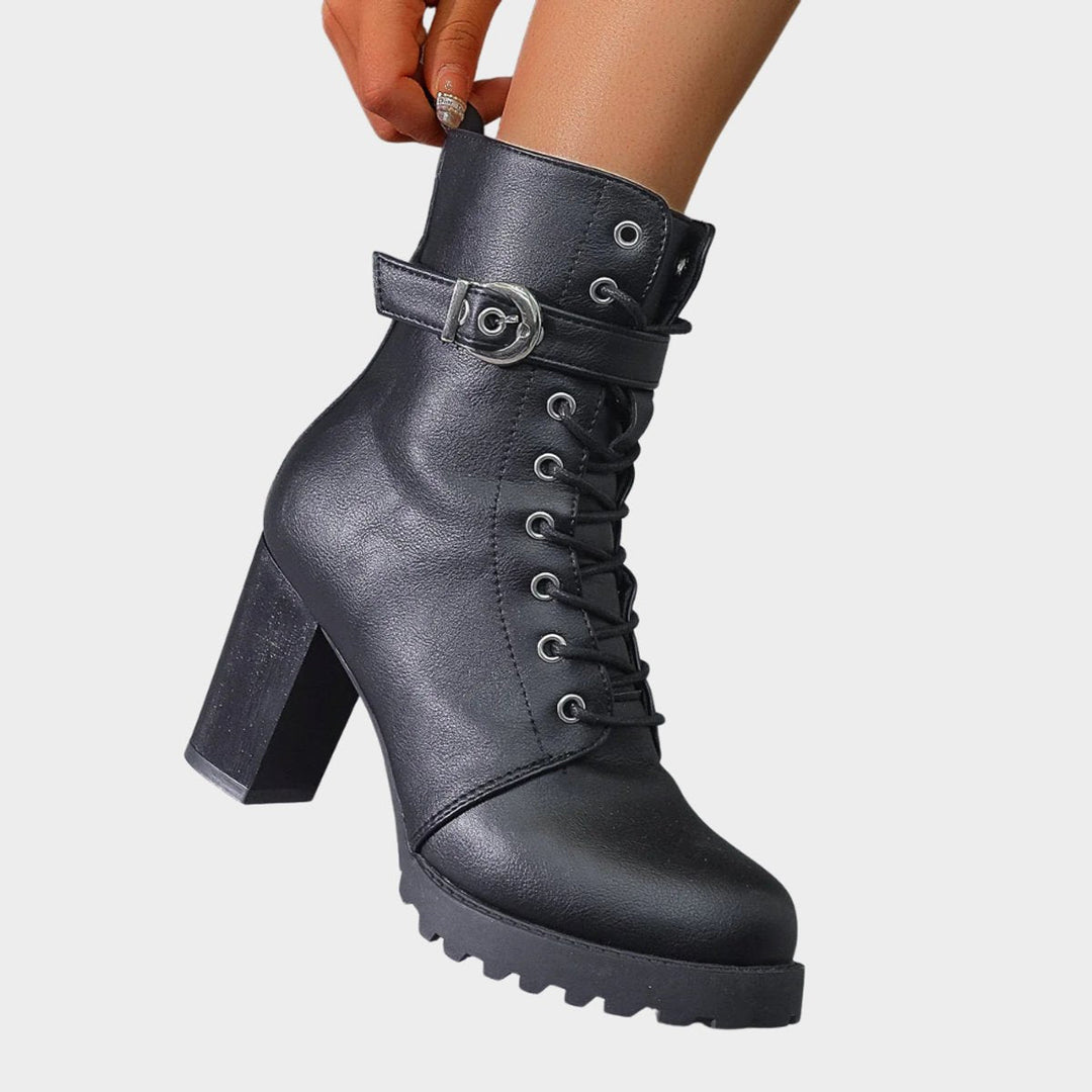 Prisca Women Lace Up Buckle Strap Heeled Boots