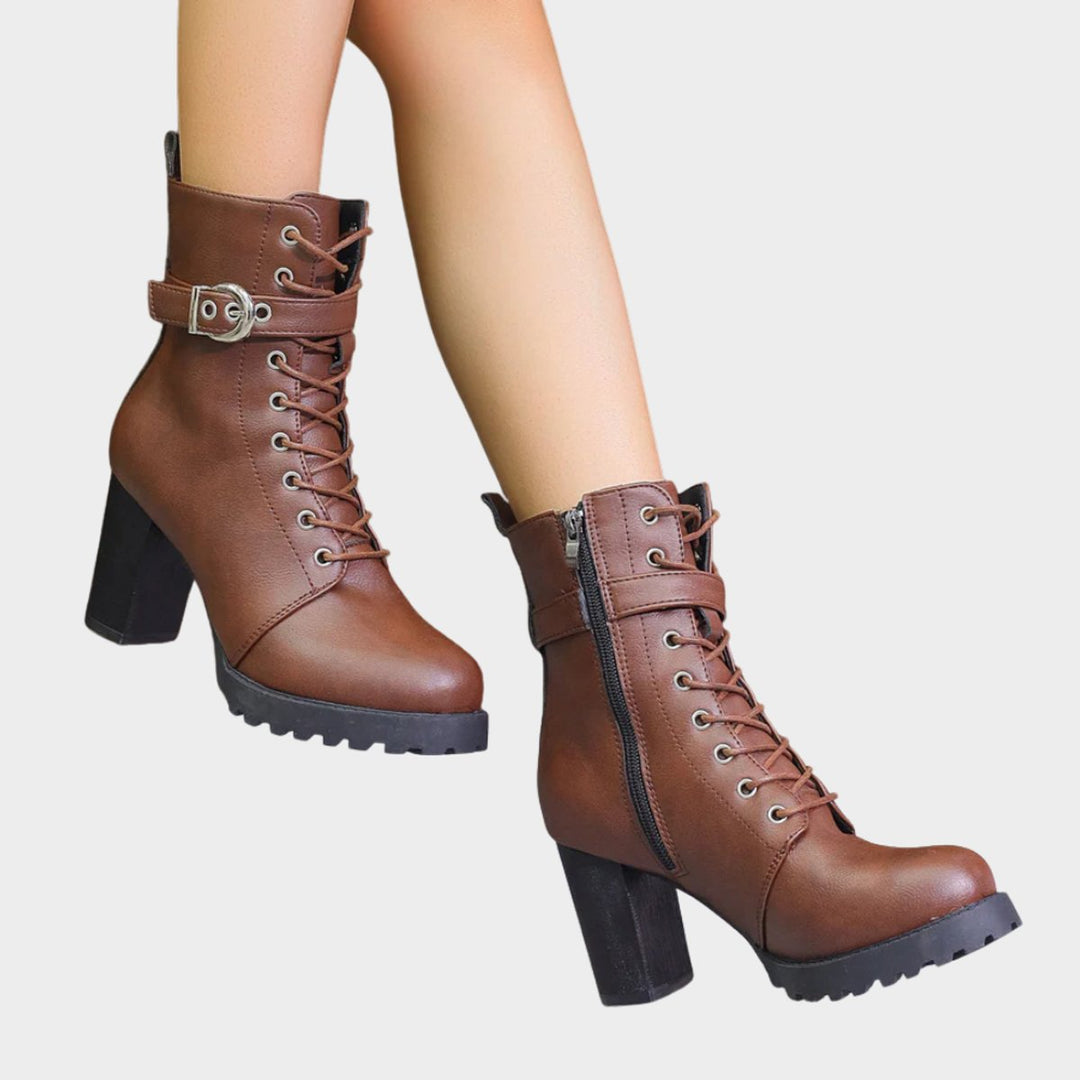 Prisca Women Lace Up Buckle Strap Heeled Boots