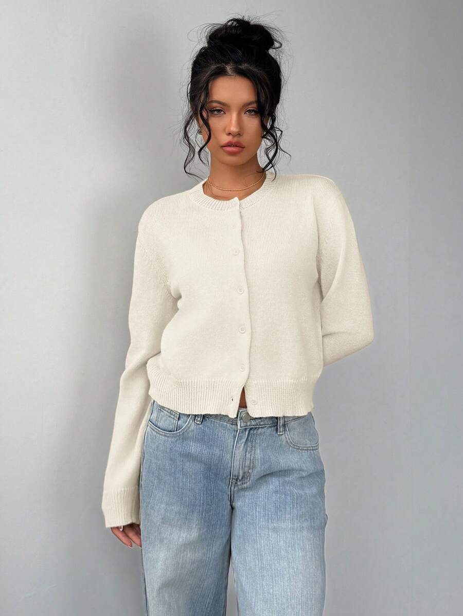 Lorraine Women Round Neck Button Front Cropped Sweater Cardigan
