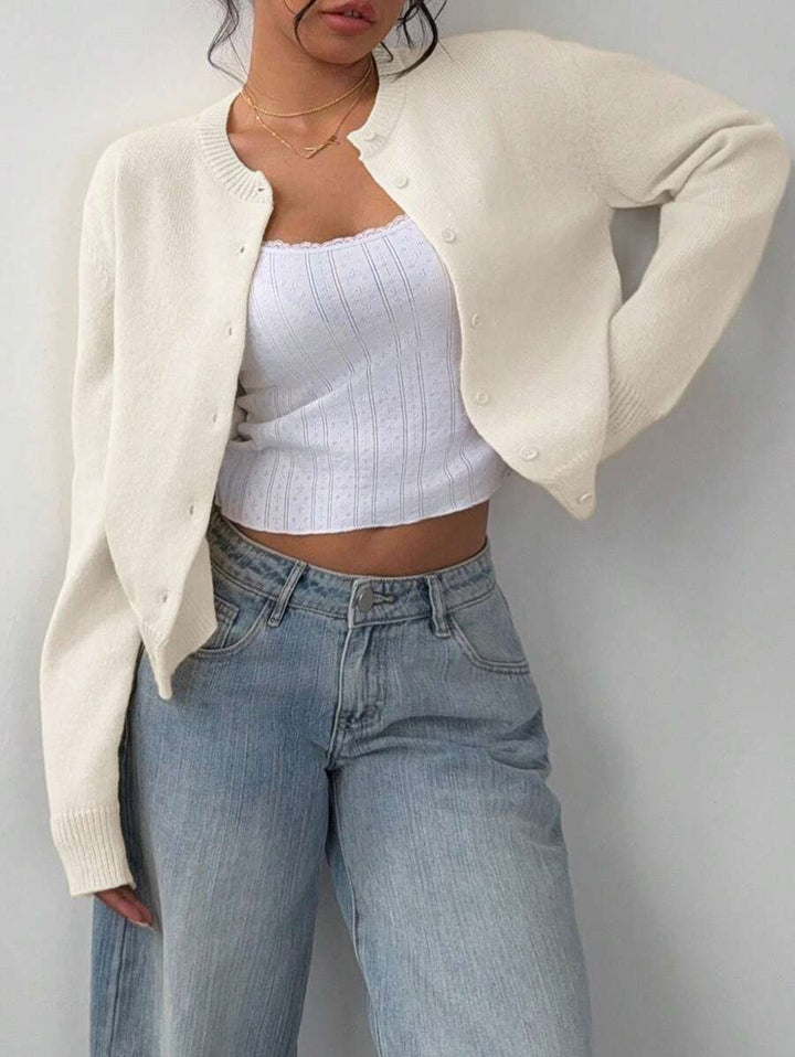Lorraine Women Round Neck Button Front Cropped Sweater Cardigan