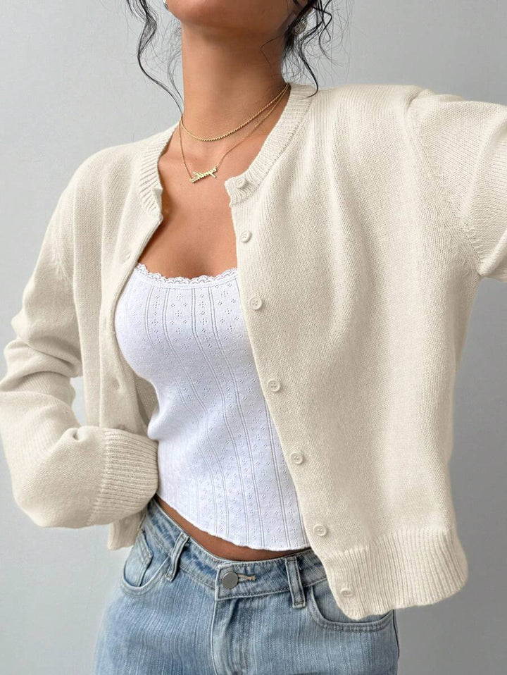 Lorraine Women Round Neck Button Front Cropped Sweater Cardigan