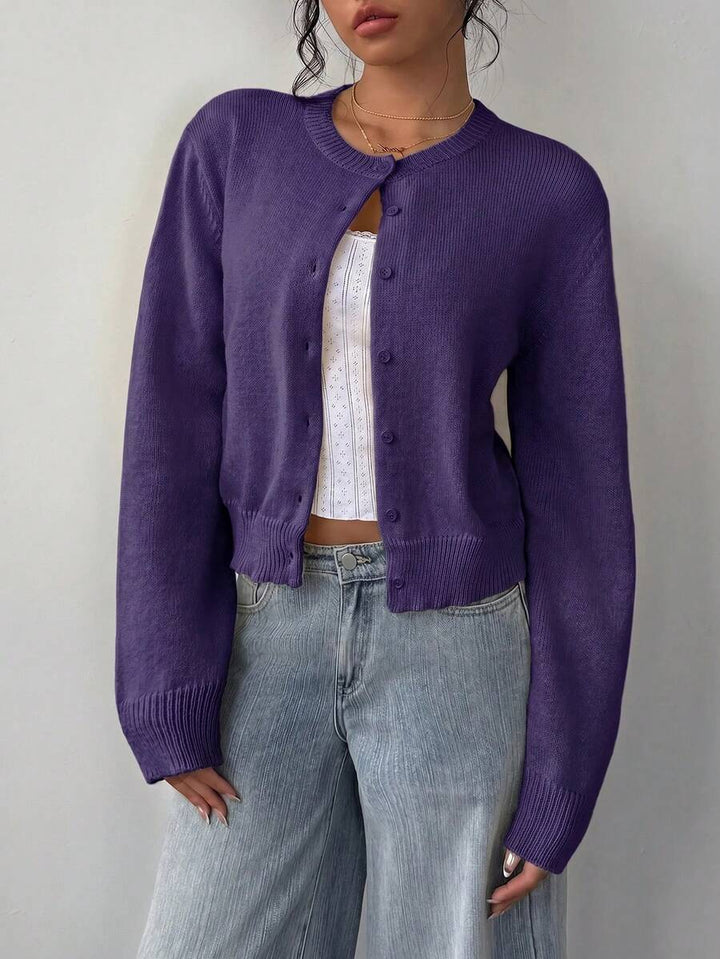 Lorraine Women Round Neck Button Front Cropped Sweater Cardigan