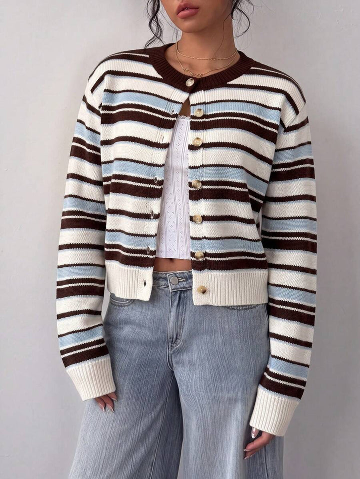 Lorraine Women Round Neck Button Front Cropped Sweater Cardigan