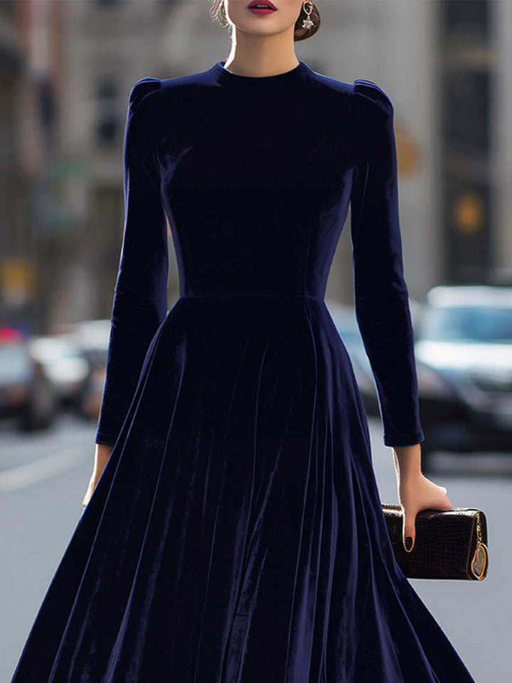 Nicola Women Velvet Long Sleeve Midi Navy Blue Dress