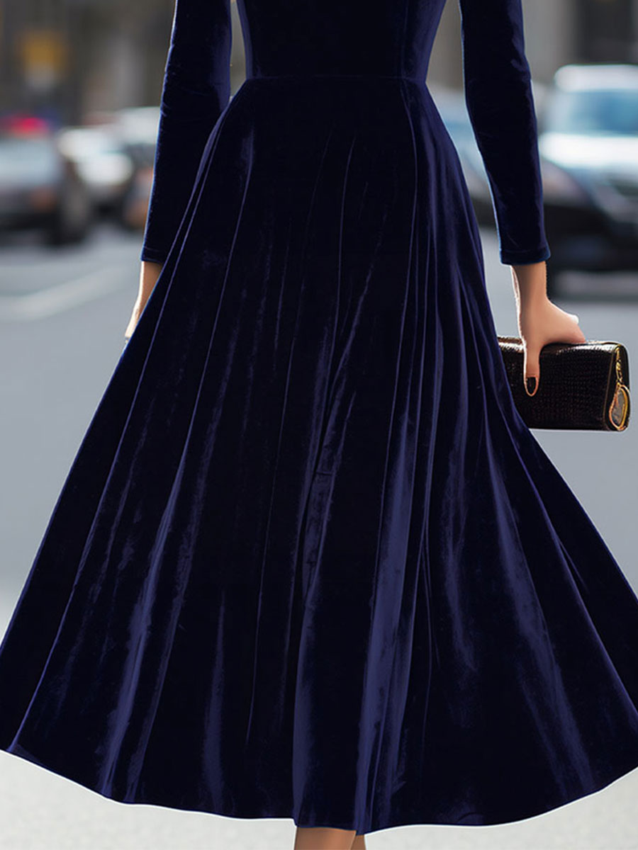 Nicola Women Velvet Long Sleeve Midi Navy Blue Dress