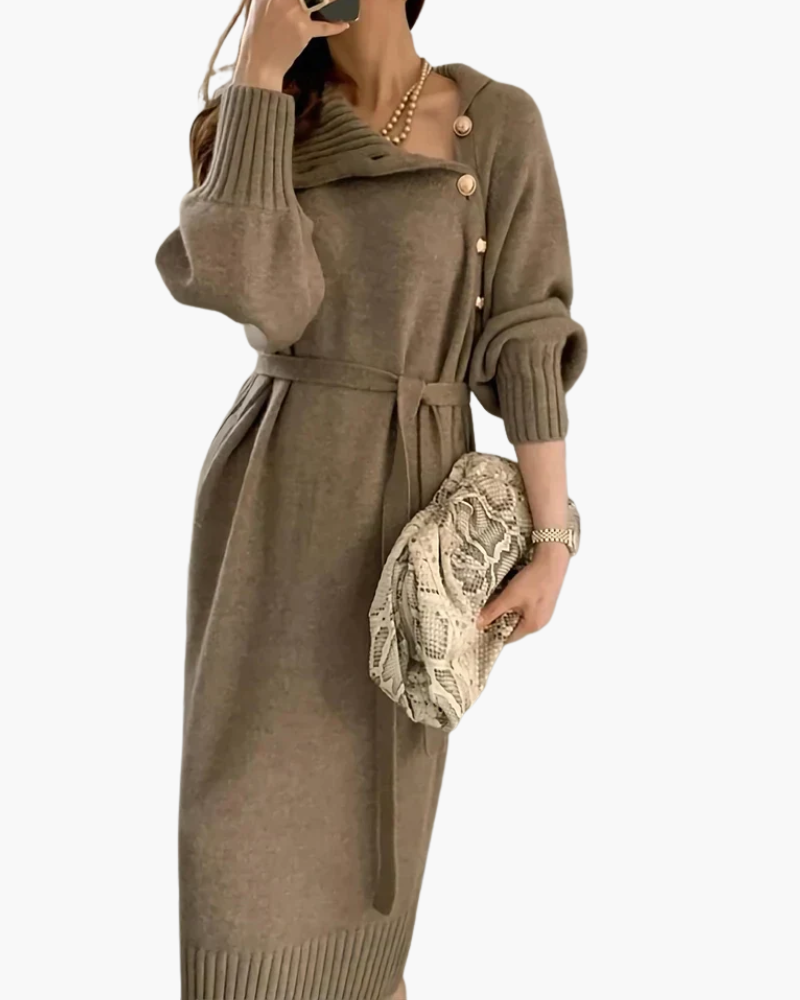 Benedetta Women Belted Turtleneck Button Sweater Dress