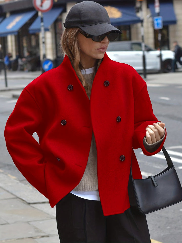 Rochelle Women Cropped Stand Collar Double Breasted Wool Blend Pea Coat