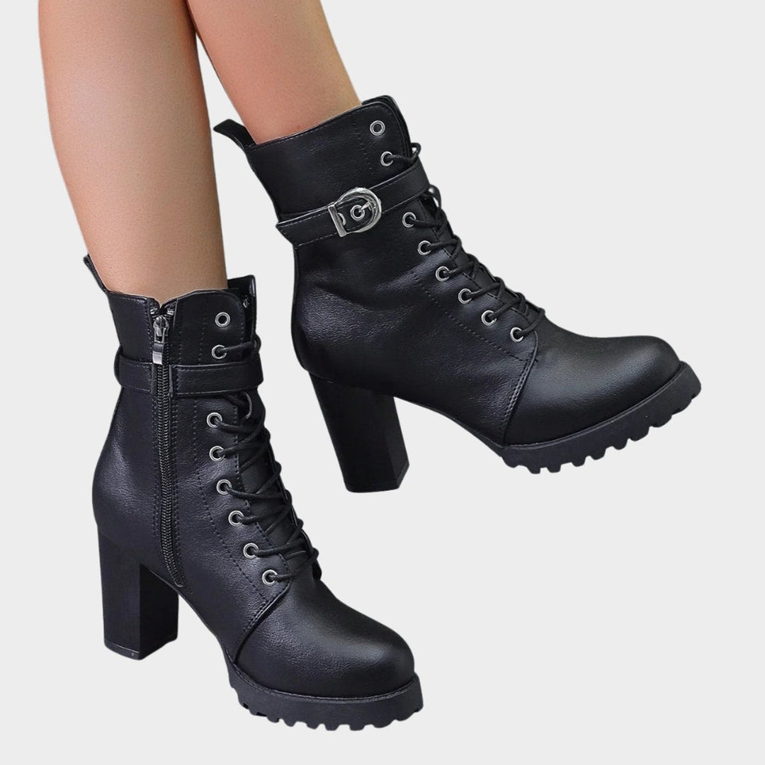 Prisca Women Lace Up Buckle Strap Heeled Boots