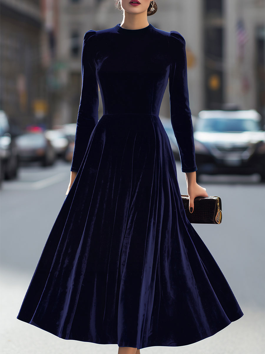 Nicola Women Velvet Long Sleeve Midi Navy Blue Dress