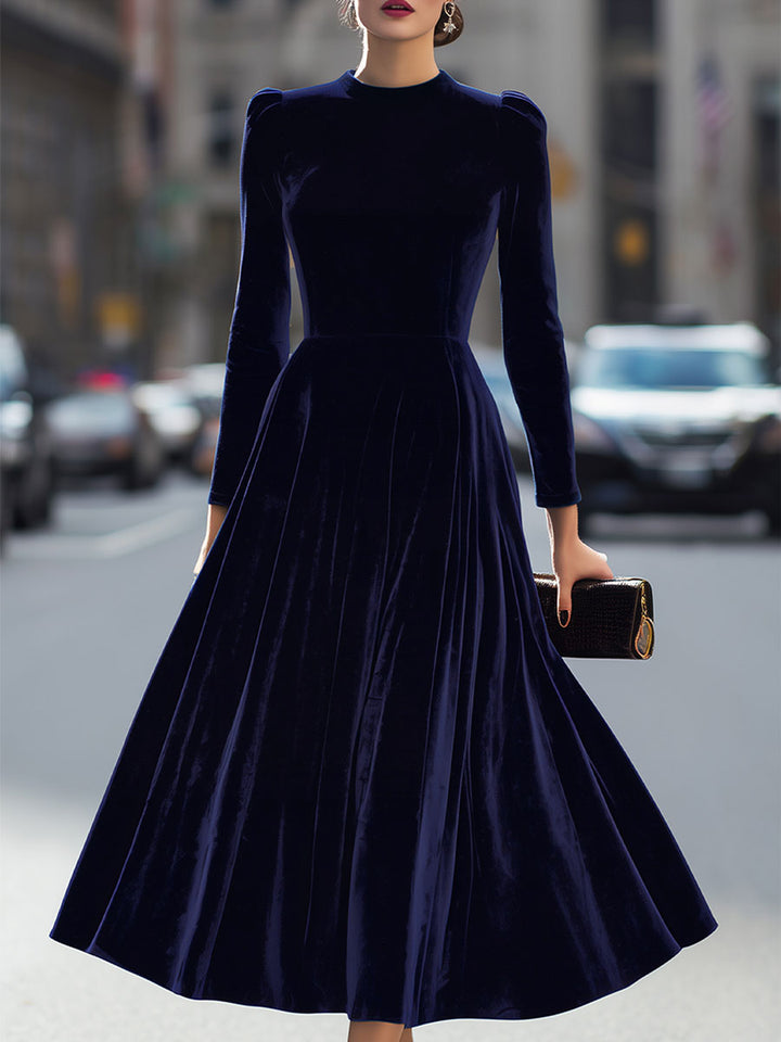Nicola Women Velvet Long Sleeve Midi Navy Blue Dress