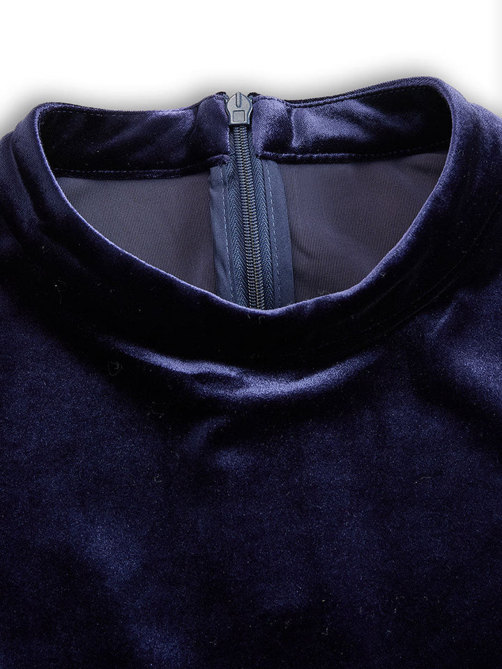Nicola Women Velvet Long Sleeve Midi Navy Blue Dress