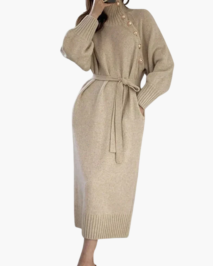 Benedetta Women Belted Turtleneck Button Sweater Dress