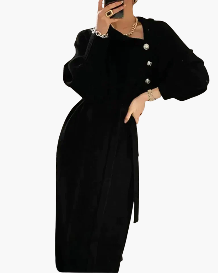 Benedetta Women Belted Turtleneck Button Sweater Dress