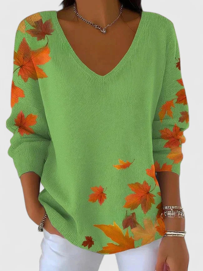 Renate | Women Leaf Print V Neck Sweater