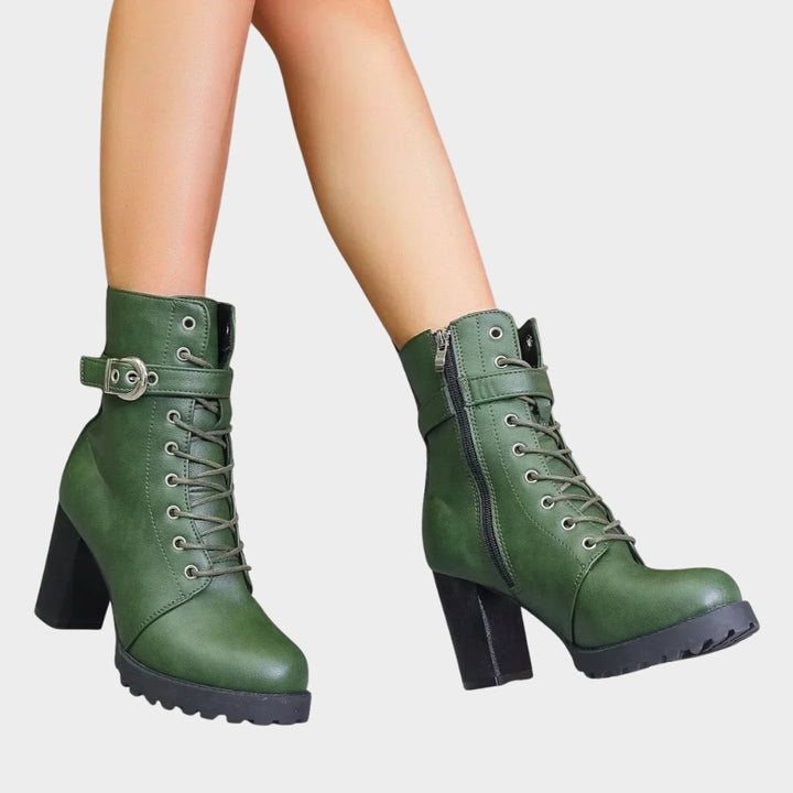 Prisca Women Lace Up Buckle Strap Heeled Boots