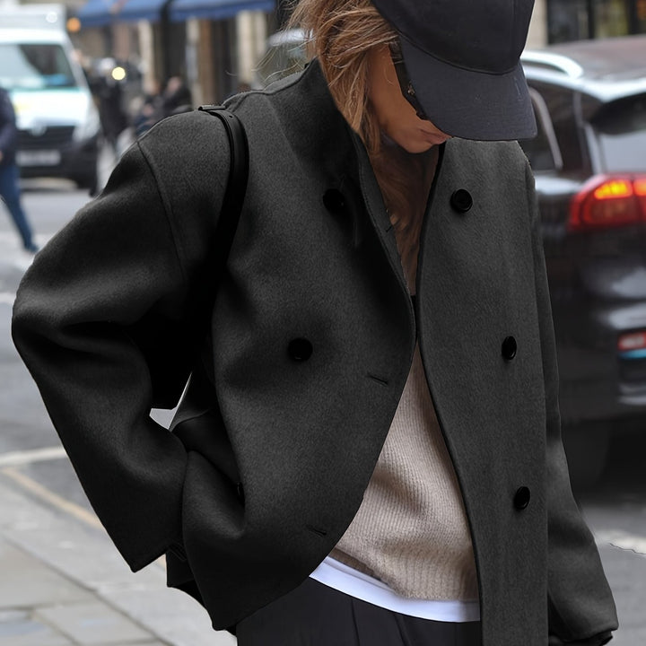 Rochelle Women Cropped Stand Collar Double Breasted Wool Blend Pea Coat