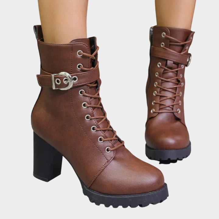 Prisca Women Lace Up Buckle Strap Heeled Boots
