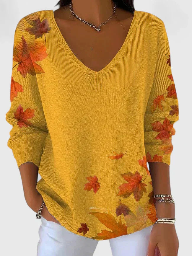 Renate | Women Leaf Print V Neck Sweater