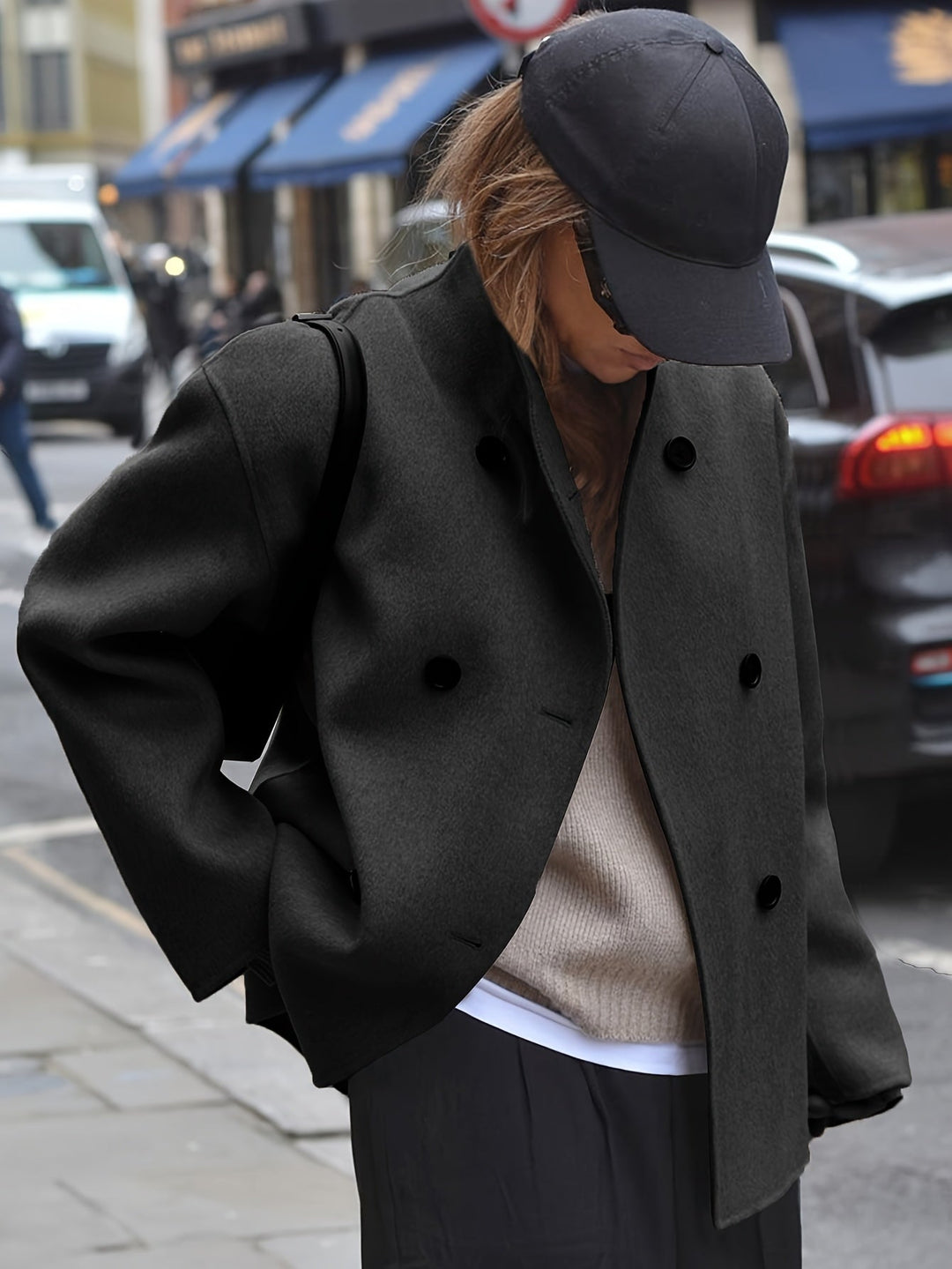 Rochelle Women Cropped Stand Collar Double Breasted Wool Blend Pea Coat