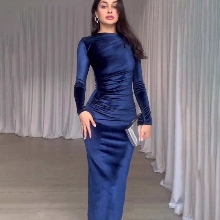 Malvina Women Velvet Ruched Long Sleeve Bodycon Dress