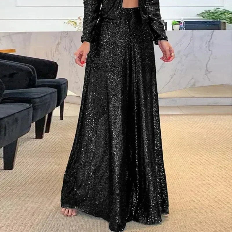 Tirion Women Sequin High Waist Flowy Wide Leg Pants
