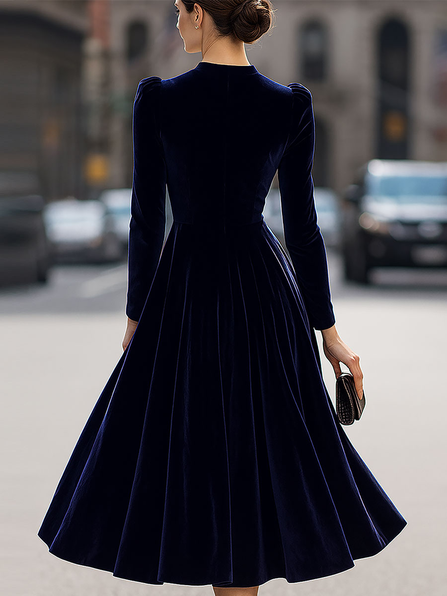 Nicola Women Velvet Long Sleeve Midi Navy Blue Dress