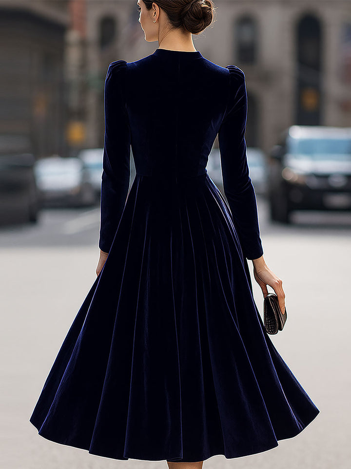 Nicola Women Velvet Long Sleeve Midi Navy Blue Dress