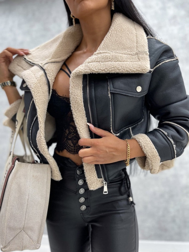 Bina | Women Cropped Leather Shearling Jacket