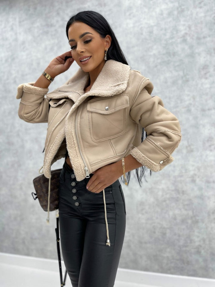 Bina | Women Cropped Leather Shearling Jacket