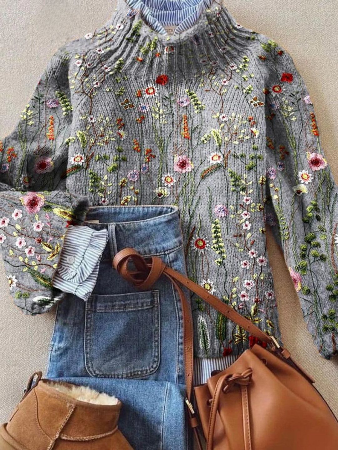Nettie | Women Floral Embroidered Mock Neck Sweater