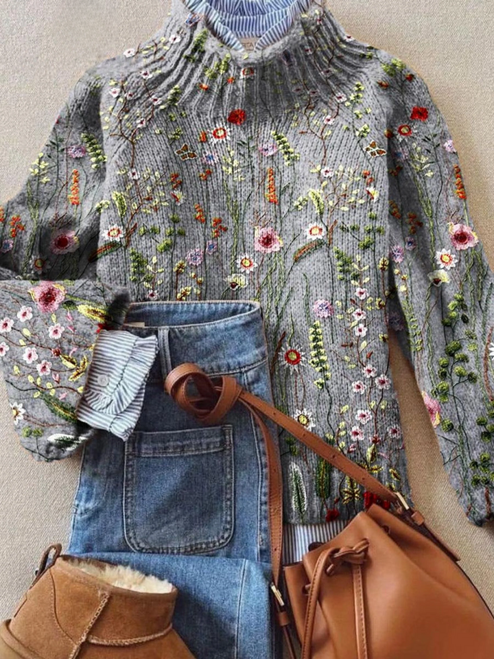 Nettie | Women Floral Embroidered Mock Neck Sweater