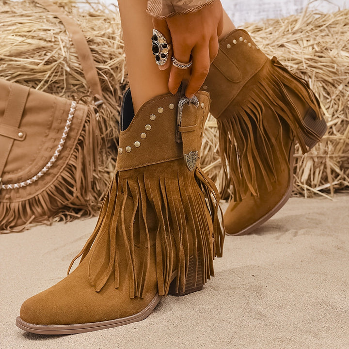 Kimber Women Wide Calf Fringe Studded Cowgirl Boots