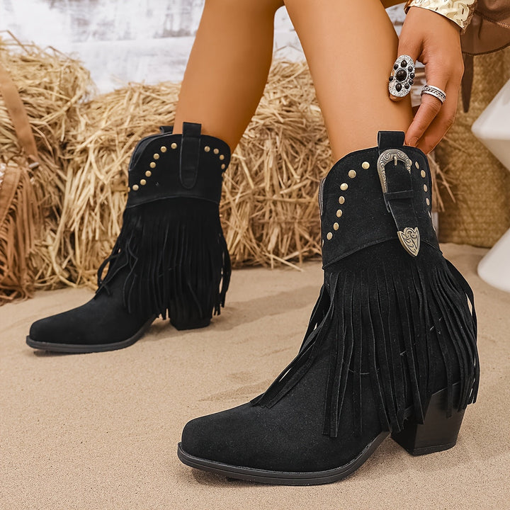 Kimber Women Wide Calf Fringe Studded Cowgirl Boots