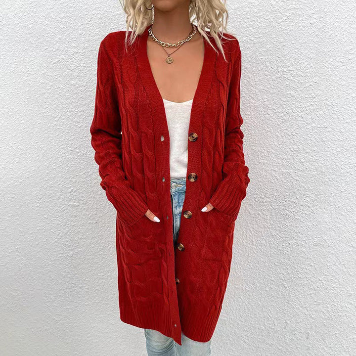 Zofia Women Cable Knit Button Pocket Long Cardigan