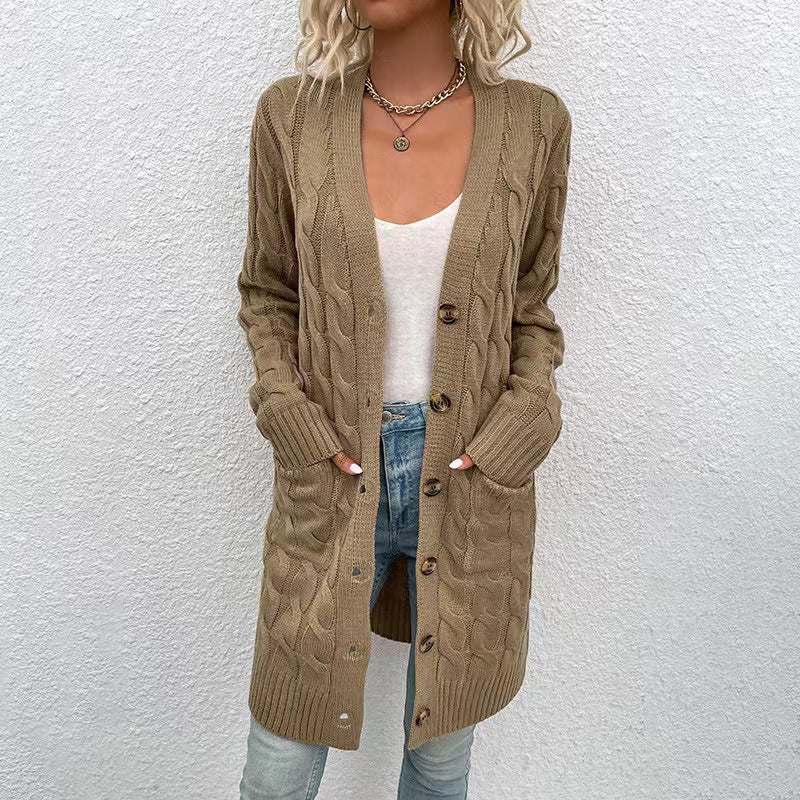 Zofia Women Cable Knit Button Pocket Long Cardigan