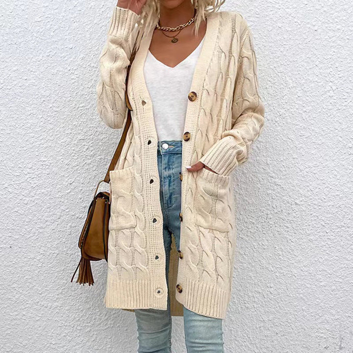 Zofia Women Cable Knit Button Pocket Long Cardigan