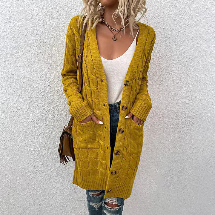 Zofia Women Cable Knit Button Pocket Long Cardigan