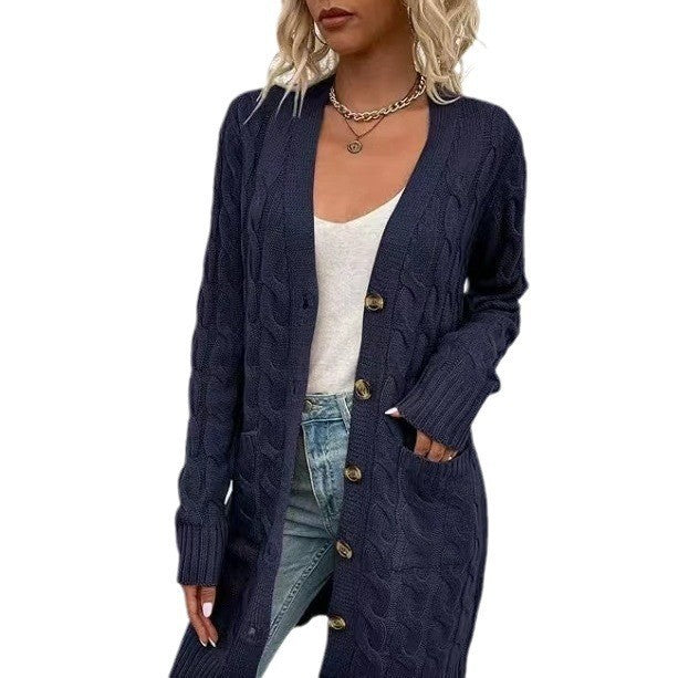 Zofia Women Cable Knit Button Pocket Long Cardigan