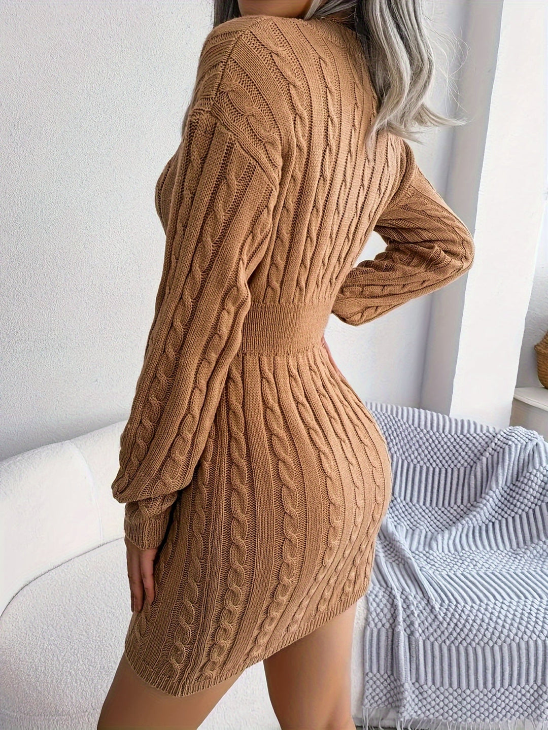 Noreen Women Cable Knit V Neck Mini Winter Dress