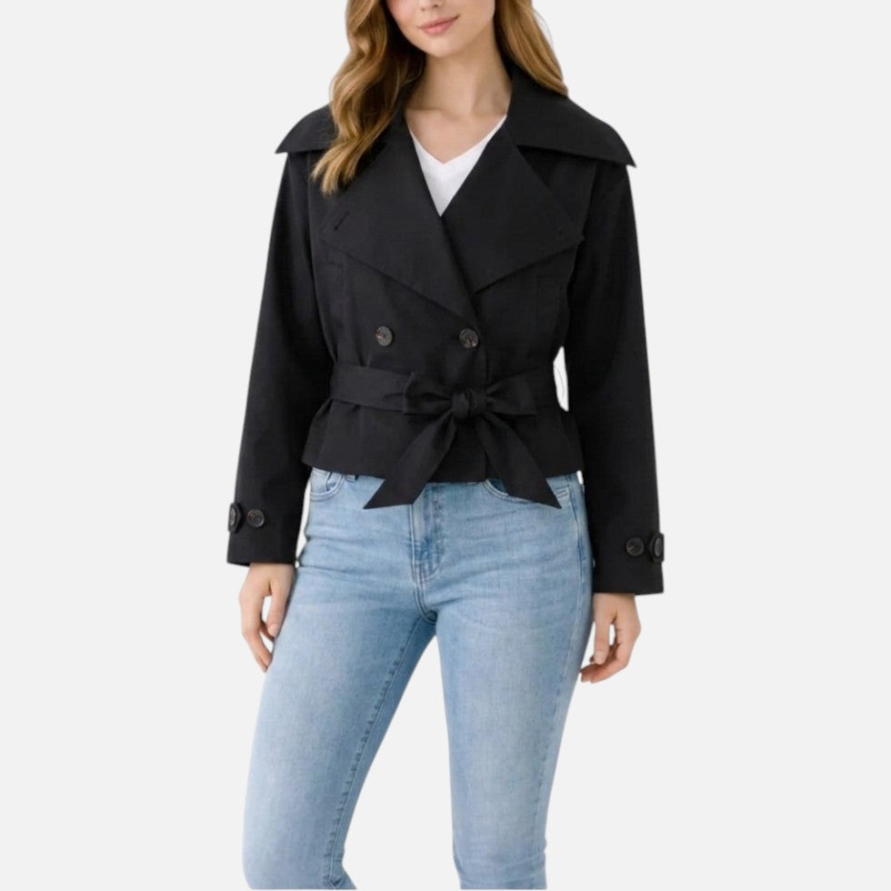 Carly Women Double Breasted Belted Cropped Trench Coat