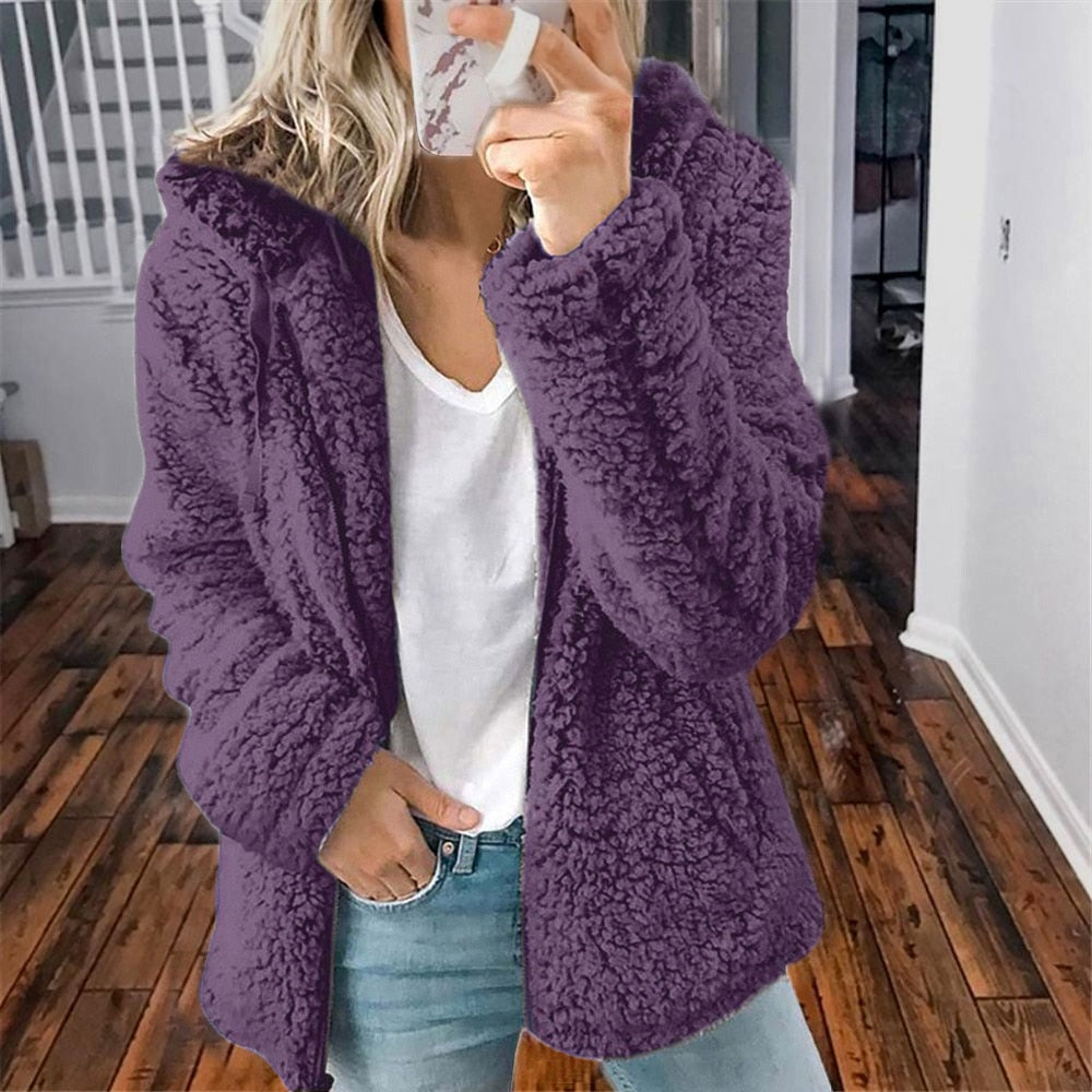 Mindy Women Hooded Fluffy Teddy Open Front Coat