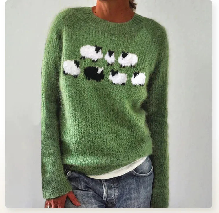 Keeley Women Sheep Print Crew Neck Christmas Sweater
