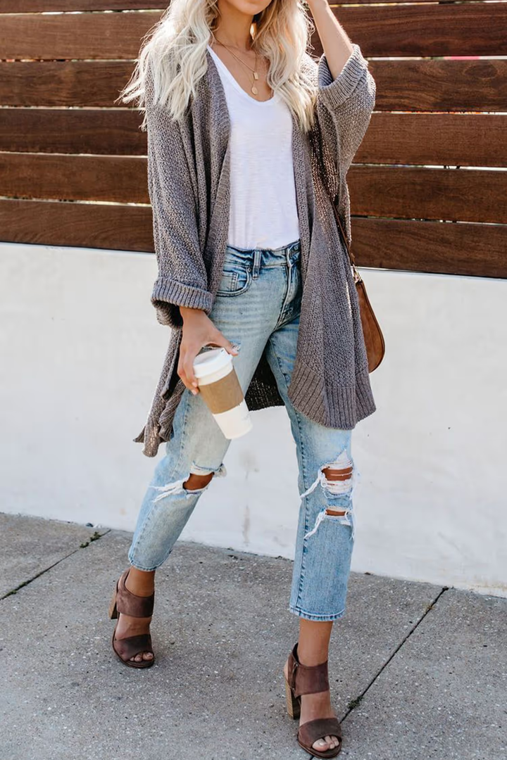 Mirjana Women Collarless Longline Knit Cardigan Sweater
