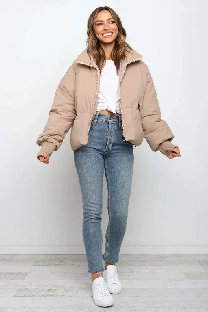 Tammy Women Cropped Stand Collar Zip Quilted Jacket
