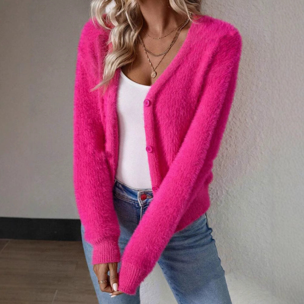 Rosemary Women Fluffy V Neck Button Front Knit Sweater Cardigan